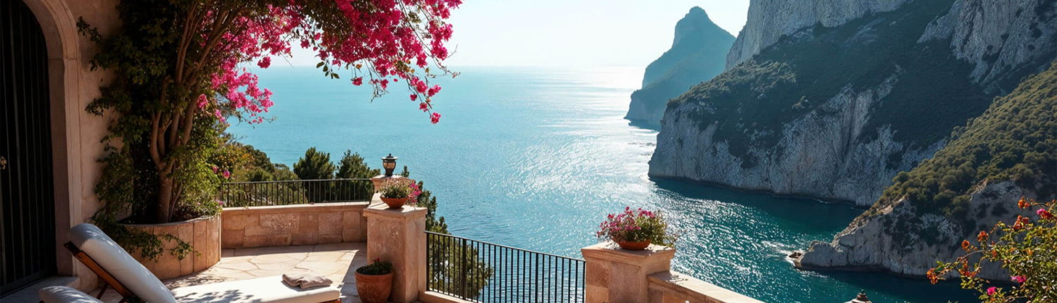 Ein idyllischer Balkon an einer Steilküste mit zwei Liegen und Blick aufs Meer