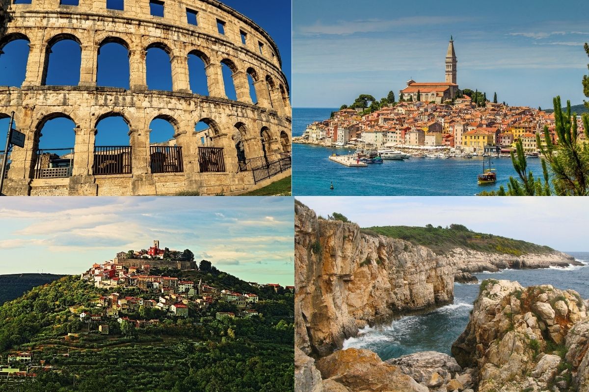 Fotomontage von den Highligts der Halbinsel Istrien: Arena in Pula, Atlstadt von Rovinj, Motovun und Kap Kamenjak