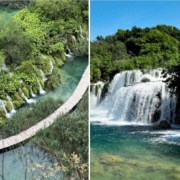Foto links: Übersicht und Steg durch die Plitvicer Seen. Foto links: Blick auf die Krka Wasserfälle