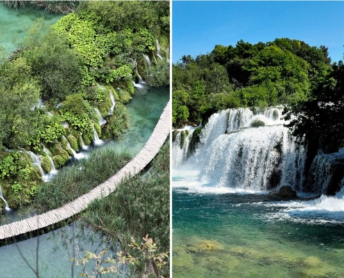 Foto links: Übersicht und Steg durch die Plitvicer Seen. Foto links: Blick auf die Krka Wasserfälle