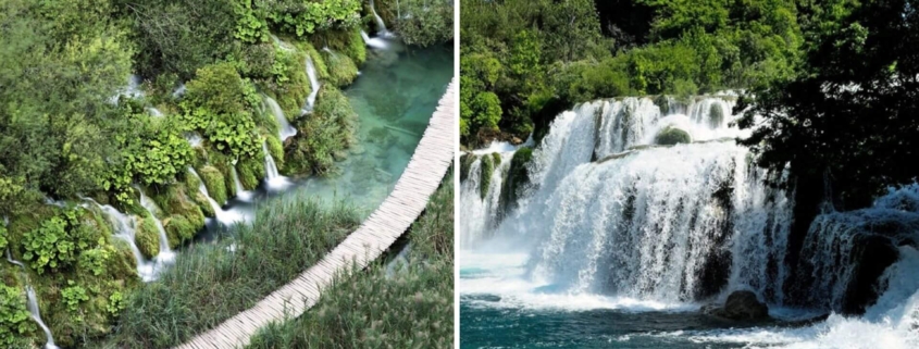 Foto links: Übersicht und Steg durch die Plitvicer Seen. Foto links: Blick auf die Krka Wasserfälle